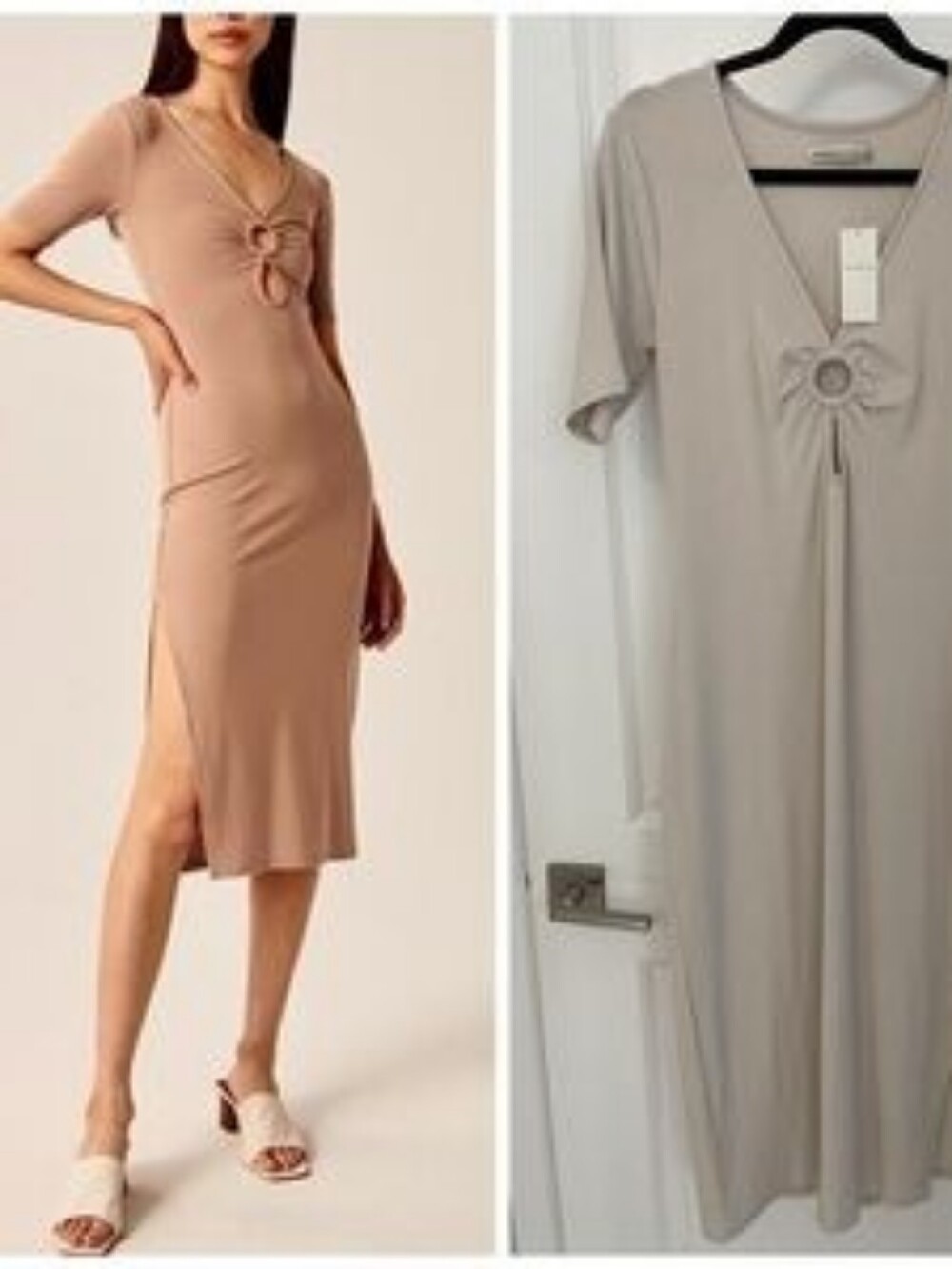 Abercrombie & Fitch Taupe Midi Dress with Ring Detail